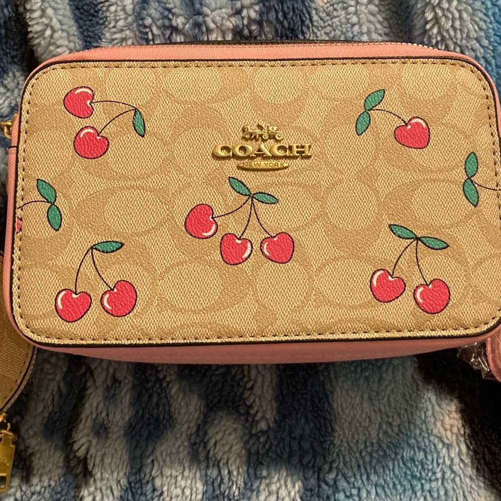 Tan and Pink Crossbody Bag with Cherry Design